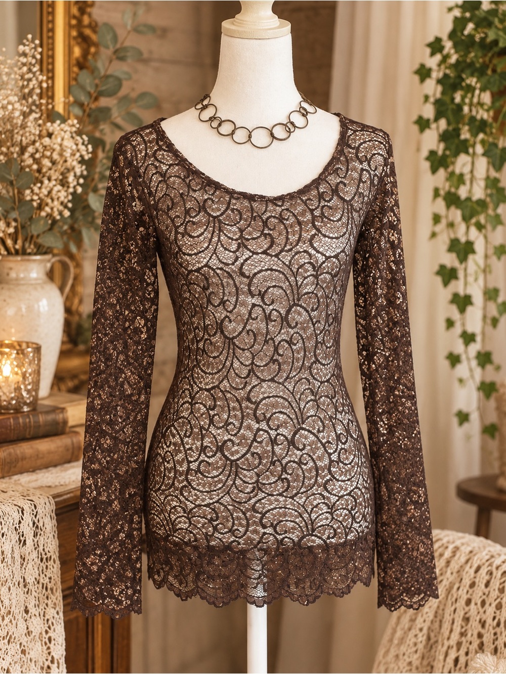 BKE Sheer Lace Long-Sleeve Top - Brown